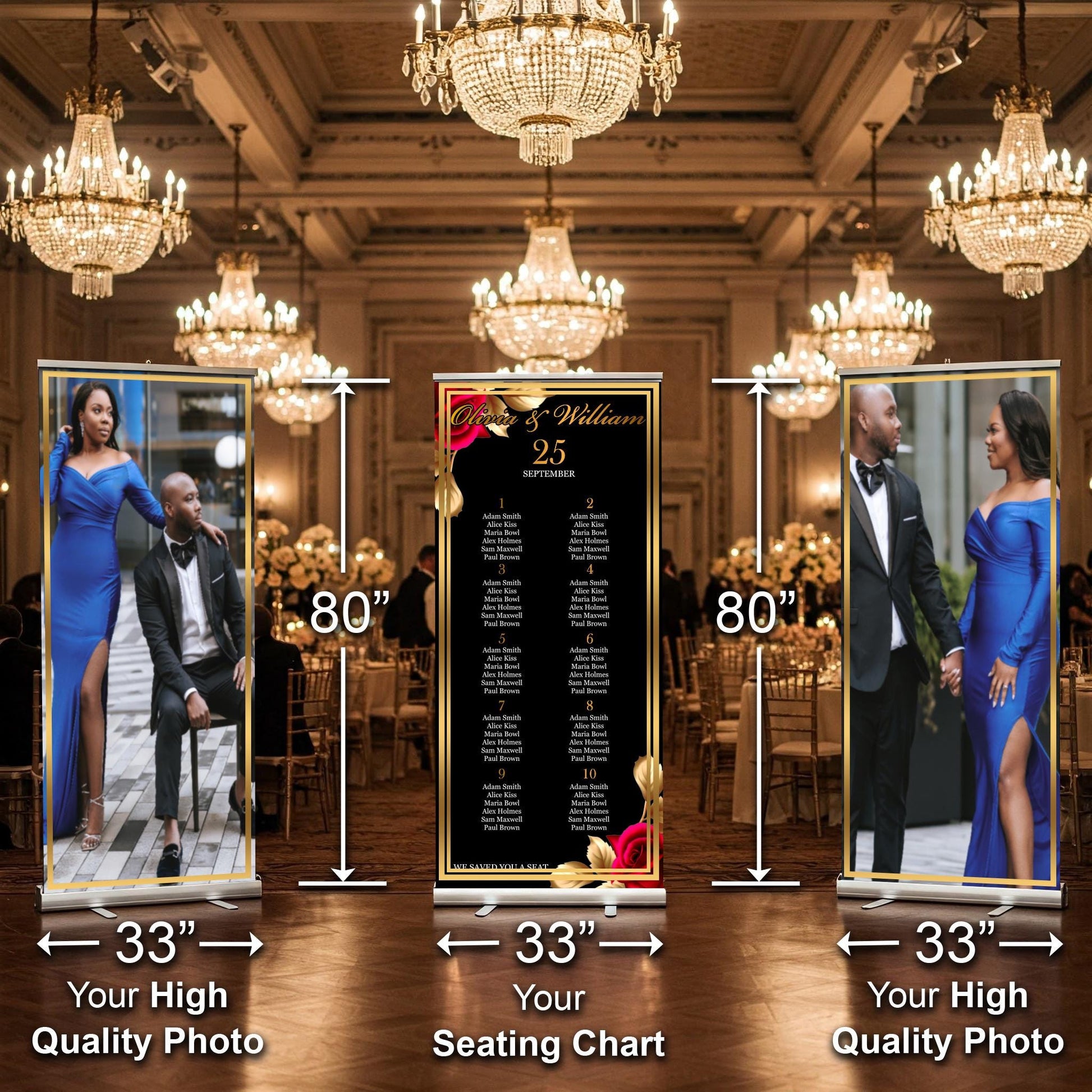 Two Customizable Photos & One Wedding Seating Chart Retractable Banner, Event Photo Banners, Seating chart, Roll Up Banner, Free Shipping