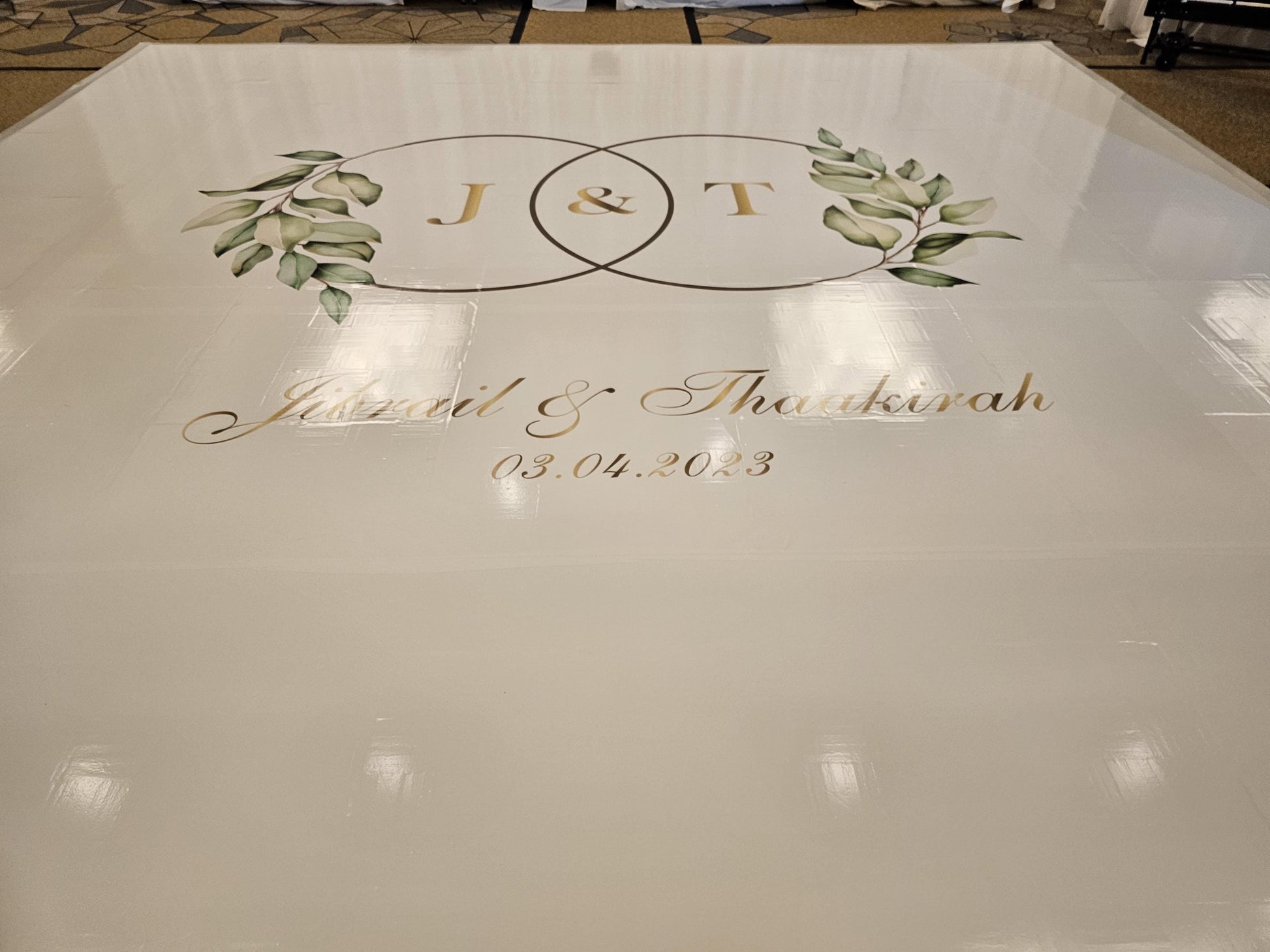 Custom Wedding Decal Dance Floor Wrap Gloss Removable Vinyl. Monogram Print and Vinyl to cover the entire dancefloor. Wedding logo design