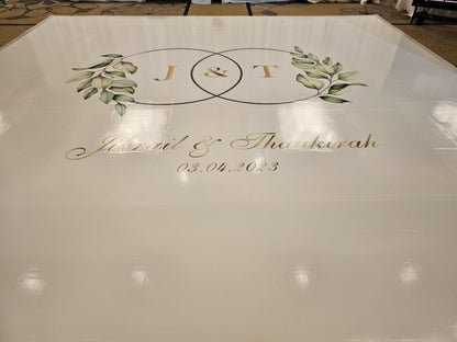 Custom Wedding Decal Dance Floor Wrap Gloss Removable Vinyl. Monogram Print and Vinyl to cover the entire dancefloor. Wedding logo design