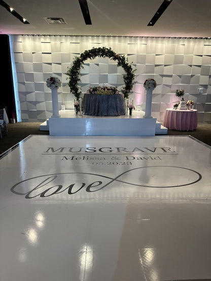 Custom Wedding Decal Dance Floor Wrap Gloss Removable Vinyl. Monogram Print and Vinyl to cover the entire dancefloor. Wedding logo design