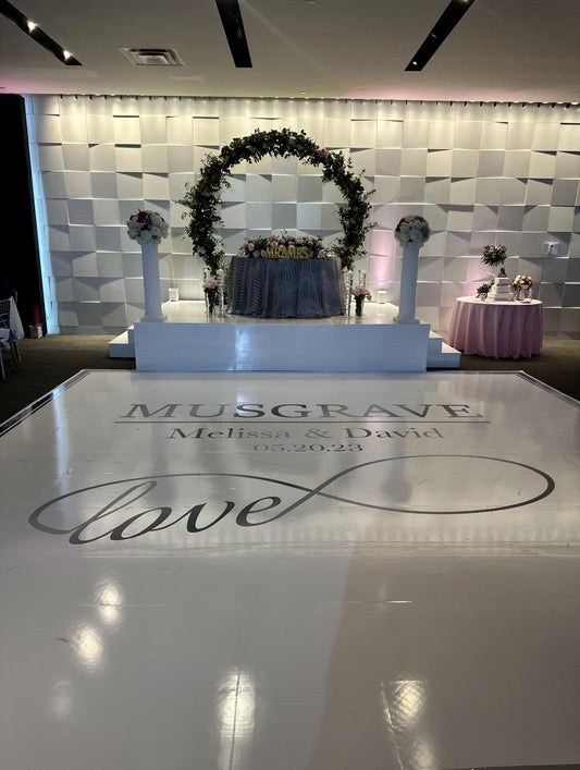 Custom Wedding Decal Dance Floor Wrap Gloss Removable Vinyl. Monogram Print and Vinyl to cover the entire dancefloor. Wedding logo design