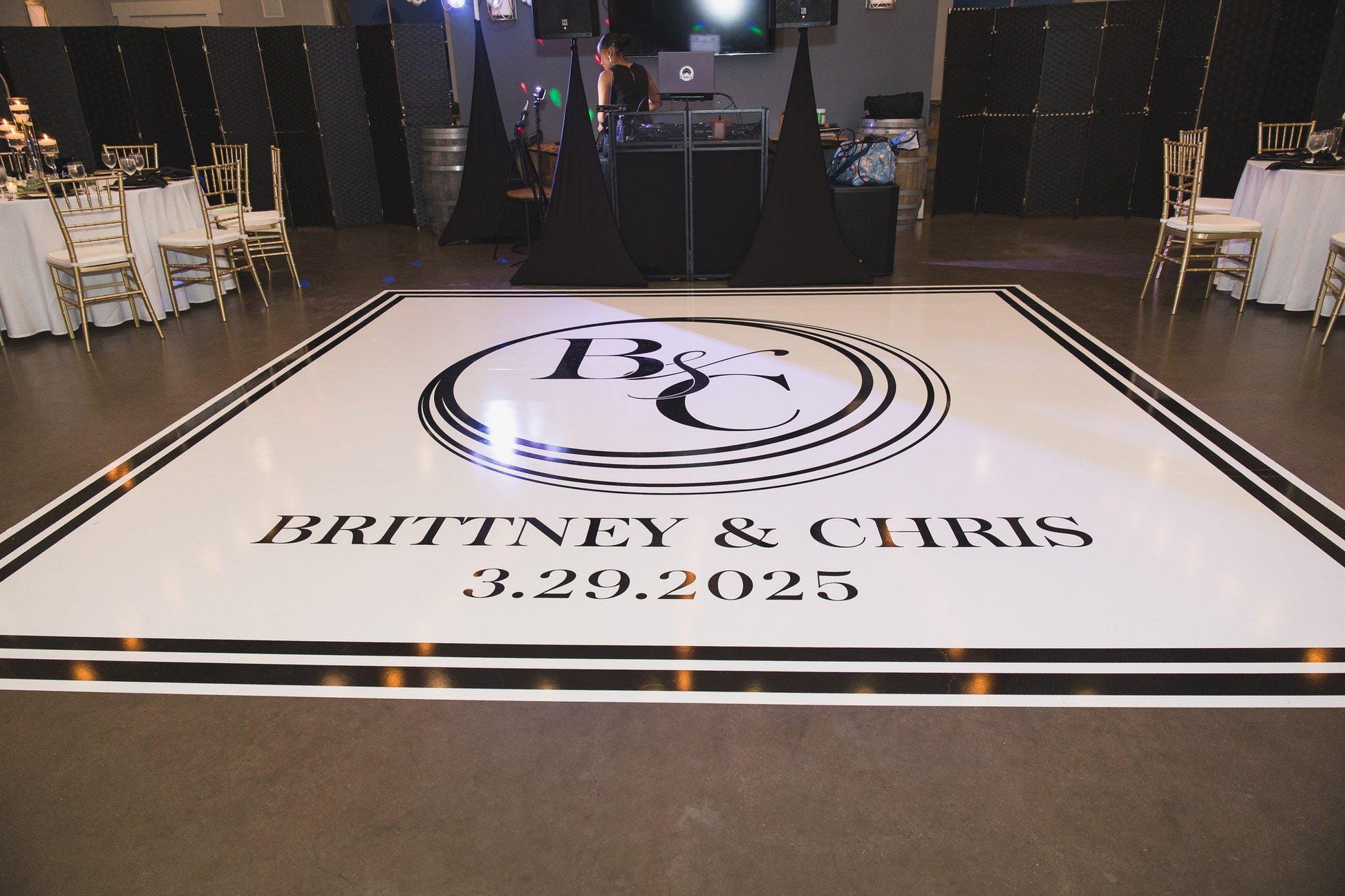 Custom Wedding Decal Dance Floor Wrap Gloss Removable Vinyl. Monogram Print and Vinyl to cover the entire dancefloor. Wedding logo design