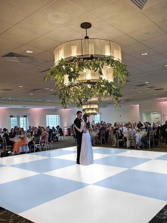Dusty Blue Checkerboard Wedding Dance Floor Wrap Removable Vinyl. Checkerboard design. Gloss/Matte. Event logo. Fast and Free shipping