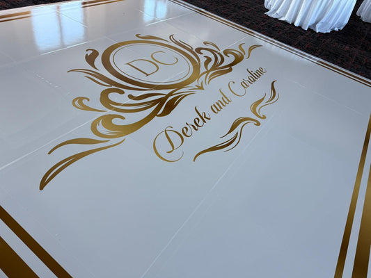 Custom Wedding Decal Dance Floor Wrap Gloss Removable Vinyl. Monogram Print and Vinyl to cover the entire dancefloor. Wedding logo design