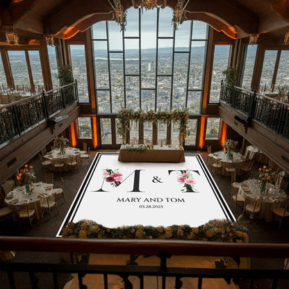 Custom Wedding Decal Dance Floor Wrap Gloss Removable Vinyl. Monogram Print and Vinyl to cover the entire dancefloor. Wedding logo design