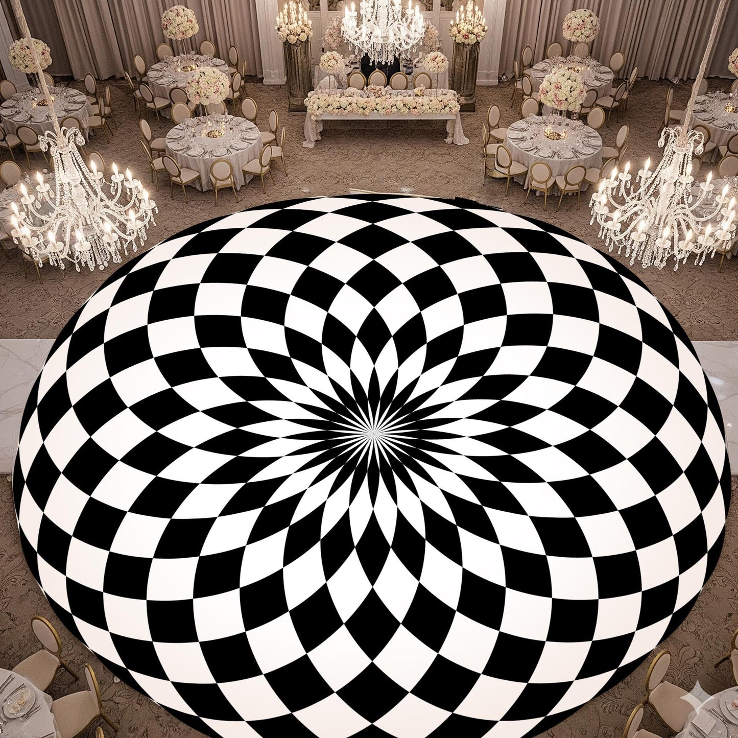 Circular Black and White Checkerboard Decal Dance Floor Wrap| Removable Vinyl. Checkerboard design. Gloss and Matte. Fast and Free shipping