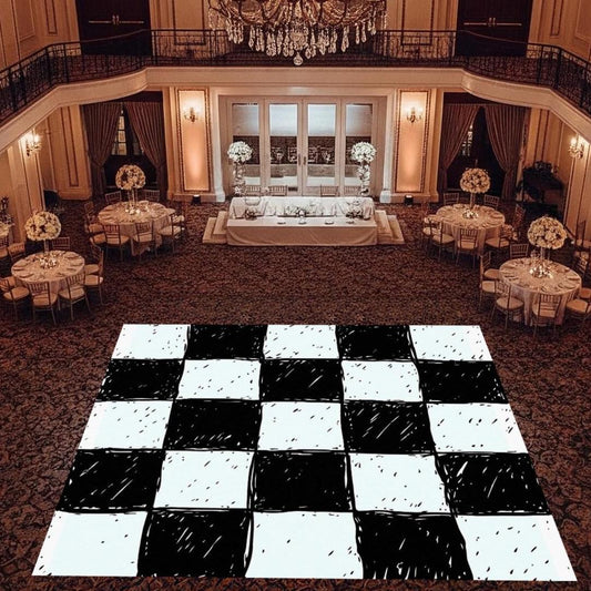 Hand-Drawn Black & White Checkerboard Wedding Dance Floor Wrap Removable Vinyl. Checkerboard design. Gloss/Matte. Event logo. Free shipping