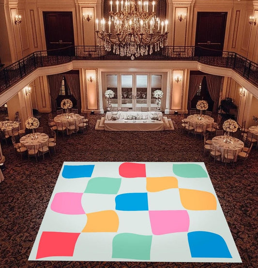 Hand-Drawn Colorful Checkerboard Wedding Dance Floor Wrap Removable Vinyl. Checkerboard design. Gloss/Matte. Event logo. Free shipping