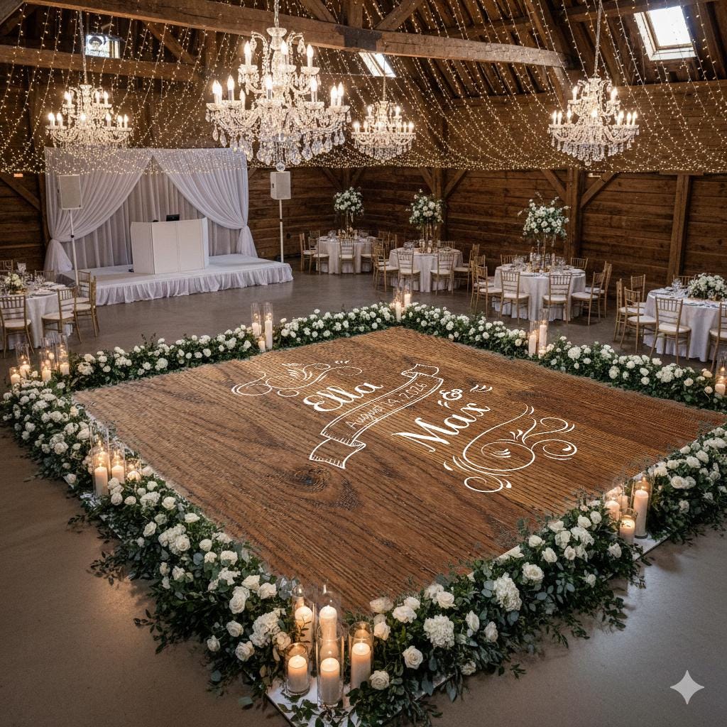 Wedding Decal Dance Floor Wrap. Wood grain design. Perfect for that rusty/barn wedding look. Removable Vinyl. Matte/Gloss. Wedding logo.