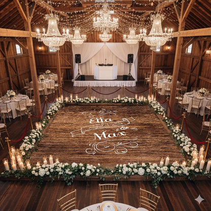 Wedding Decal Dance Floor Wrap. Wood grain design. Perfect for that rusty/barn wedding look. Removable Vinyl. Matte/Gloss. Wedding logo.