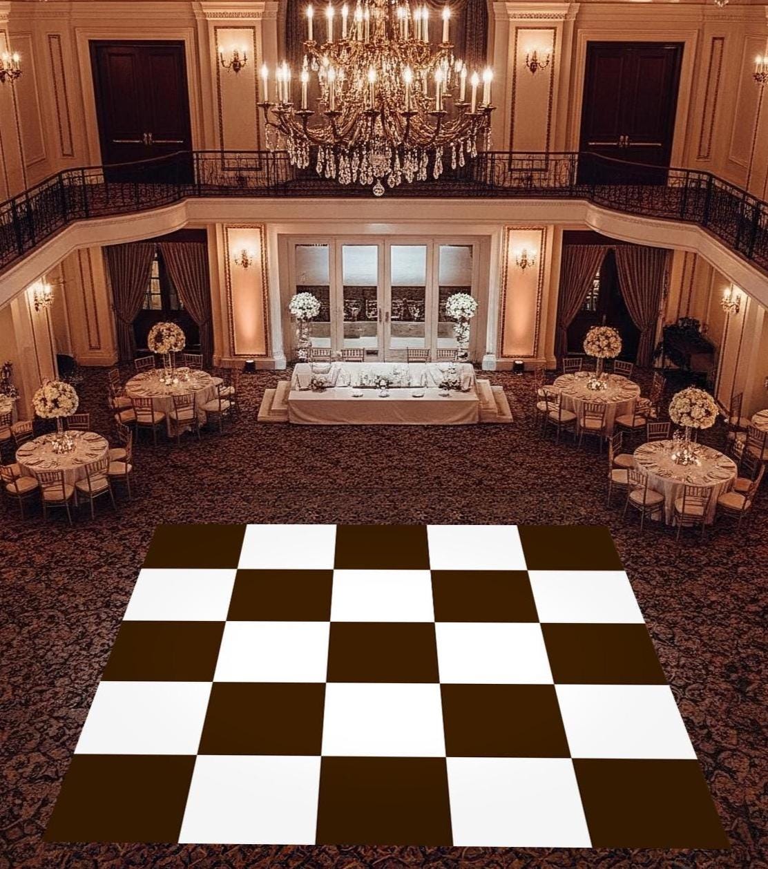 Custom Wedding Dance Floor Wrap: Gloss Vinyl, Monogram Checkerboard. Chocolate Checkerboard Color.