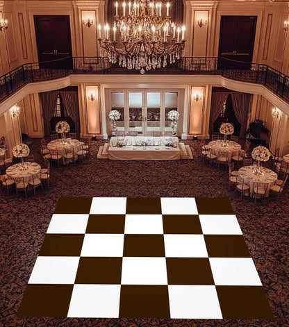 Custom Wedding Dance Floor Wrap: Gloss Vinyl, Monogram Checkerboard. Chocolate Checkerboard Color.