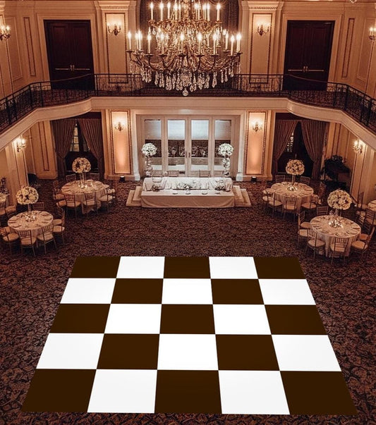 Custom Wedding Dance Floor Wrap: Gloss Vinyl, Monogram Checkerboard. Chocolate Checkerboard Color.