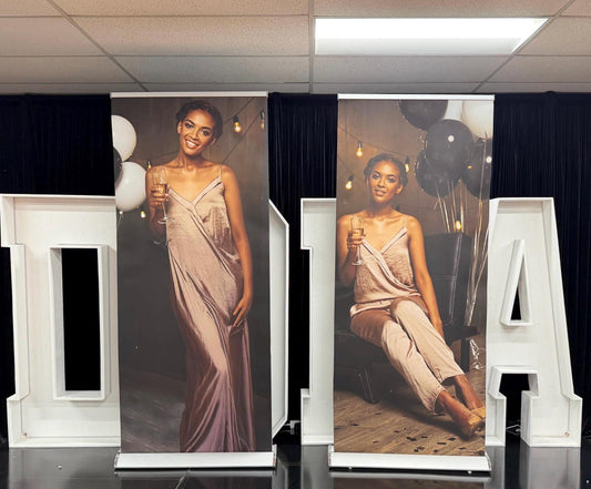 2 High quality Customizable Retractable Banners, Event Photos Banners, Roll Up Banners, Comes with the Stand, Birthday. Free Shipping.