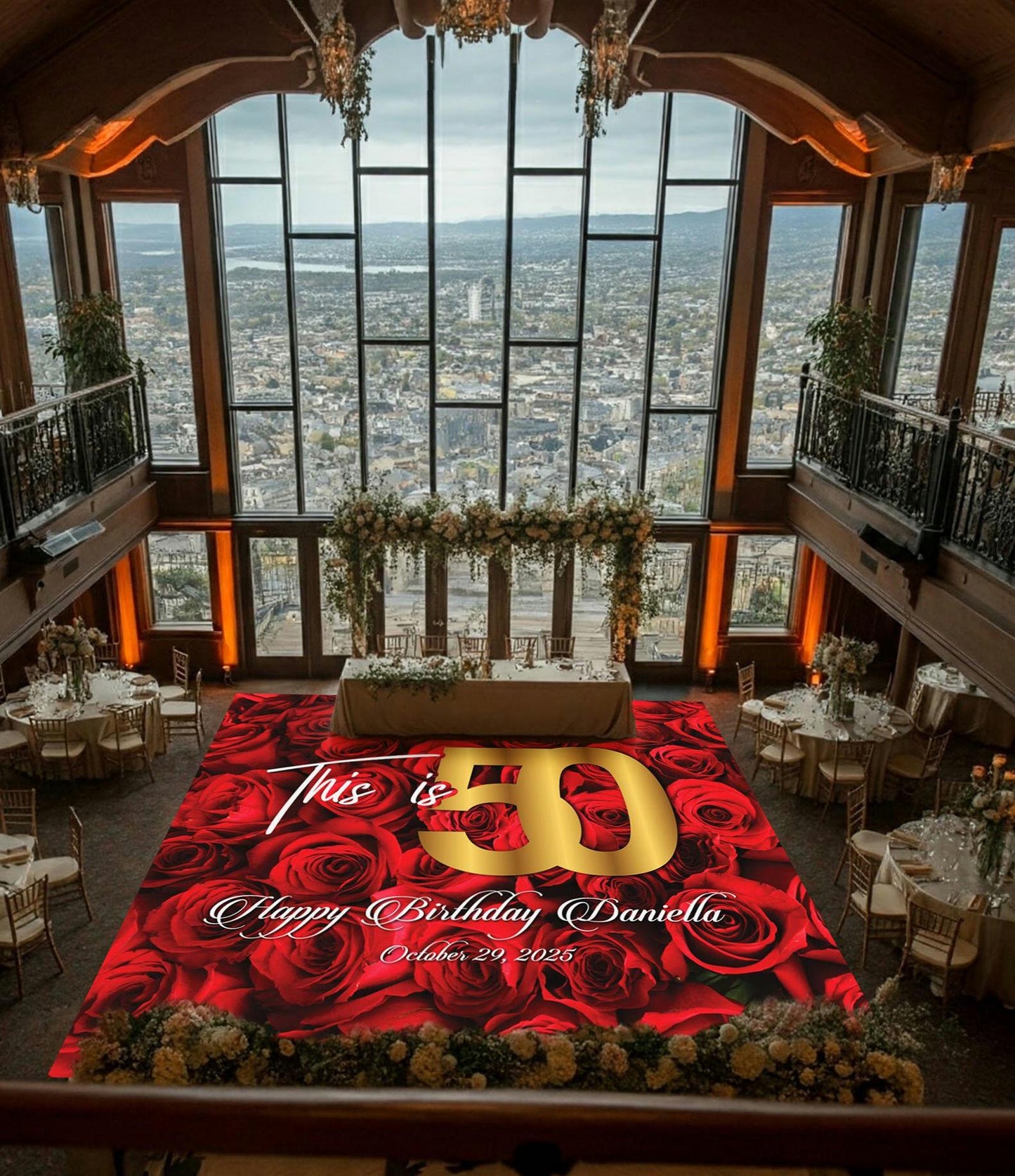 Customizable Rose Background Birthday Dance Floor Wrap – Removable Vinyl Decal