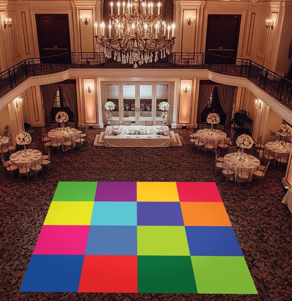 Neon Colors Wedding Dance Floor Decal: Checkerboard, Monogram Vinyl Wrap