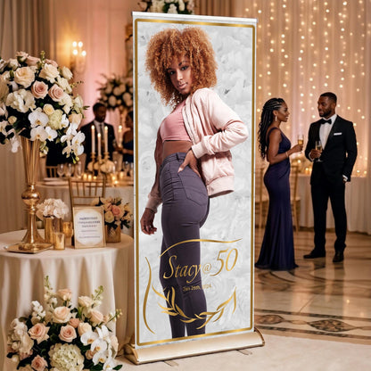 Luxury Birthday Retractable Banner, Custom Photo, Welcome Sign with Stand, Milestone Birthday Banner Print, Elegant Party Backdrop, 33"x80"