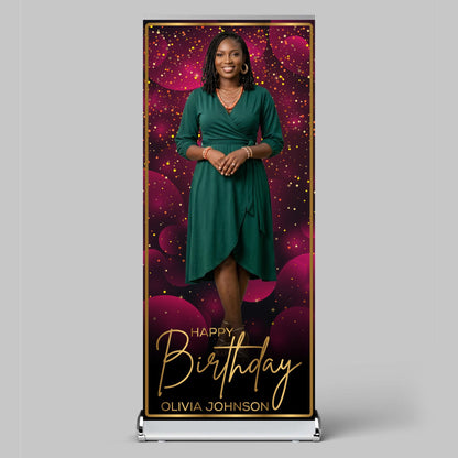 Luxury Birthday Retractable Banner, Custom Photo, Welcome Sign with Stand, Milestone Birthday Banner Print, Elegant Party Backdrop, 33"x80"
