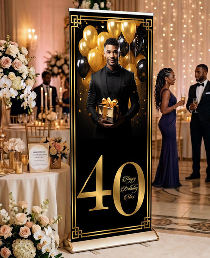Luxury Birthday Retractable Banner, Custom Photo, Welcome Sign with Stand, Milestone Birthday Banner Print, Elegant Party Backdrop, 33"x80"