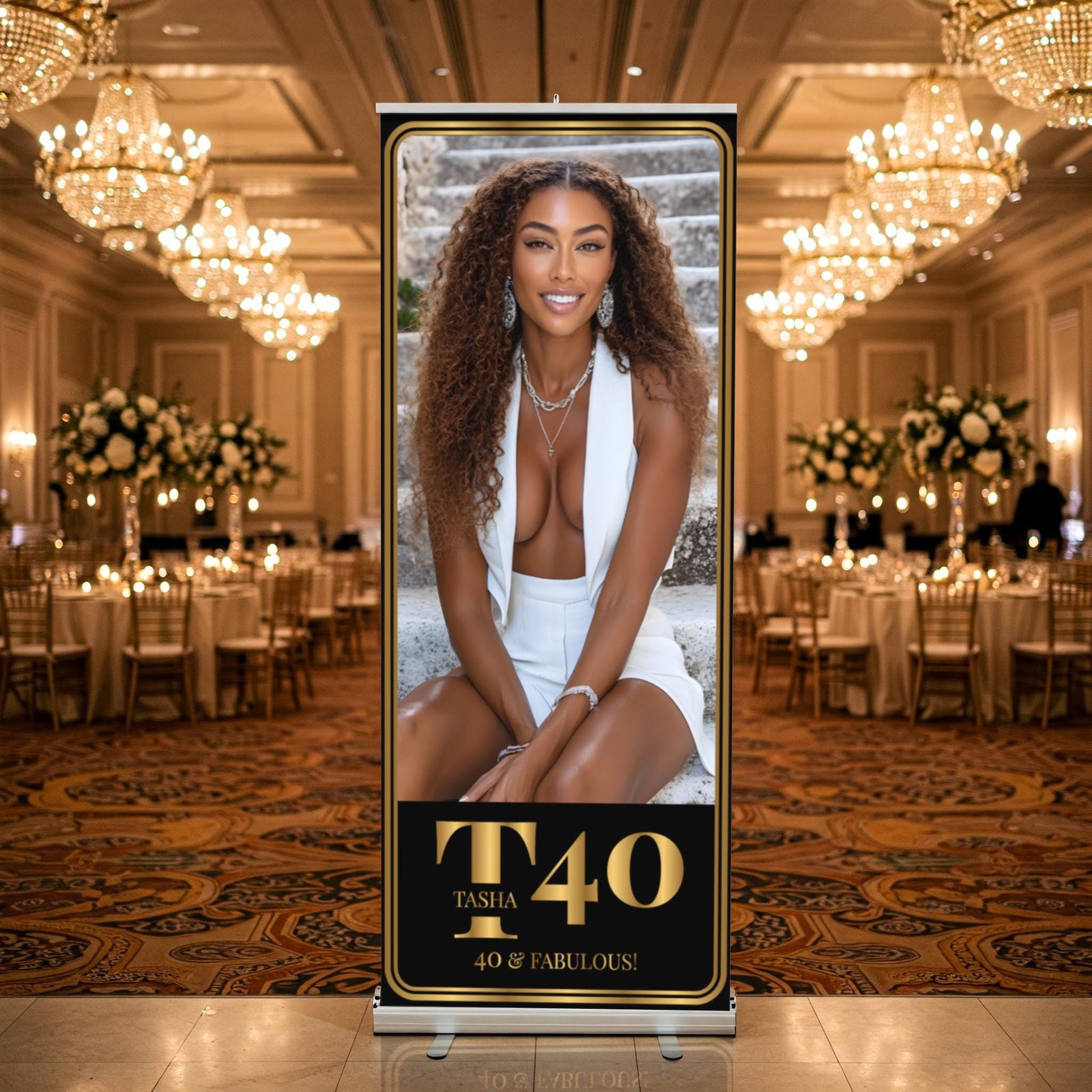 Luxury Birthday Retractable Banner, Custom Photo, Welcome Sign with Stand, Milestone Birthday Banner Print, Elegant Party Backdrop, 33"x80"