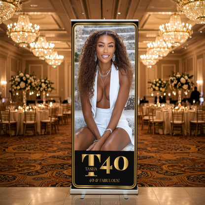 Luxury Birthday Retractable Banner, Custom Photo, Welcome Sign with Stand, Milestone Birthday Banner Print, Elegant Party Backdrop, 33"x80"