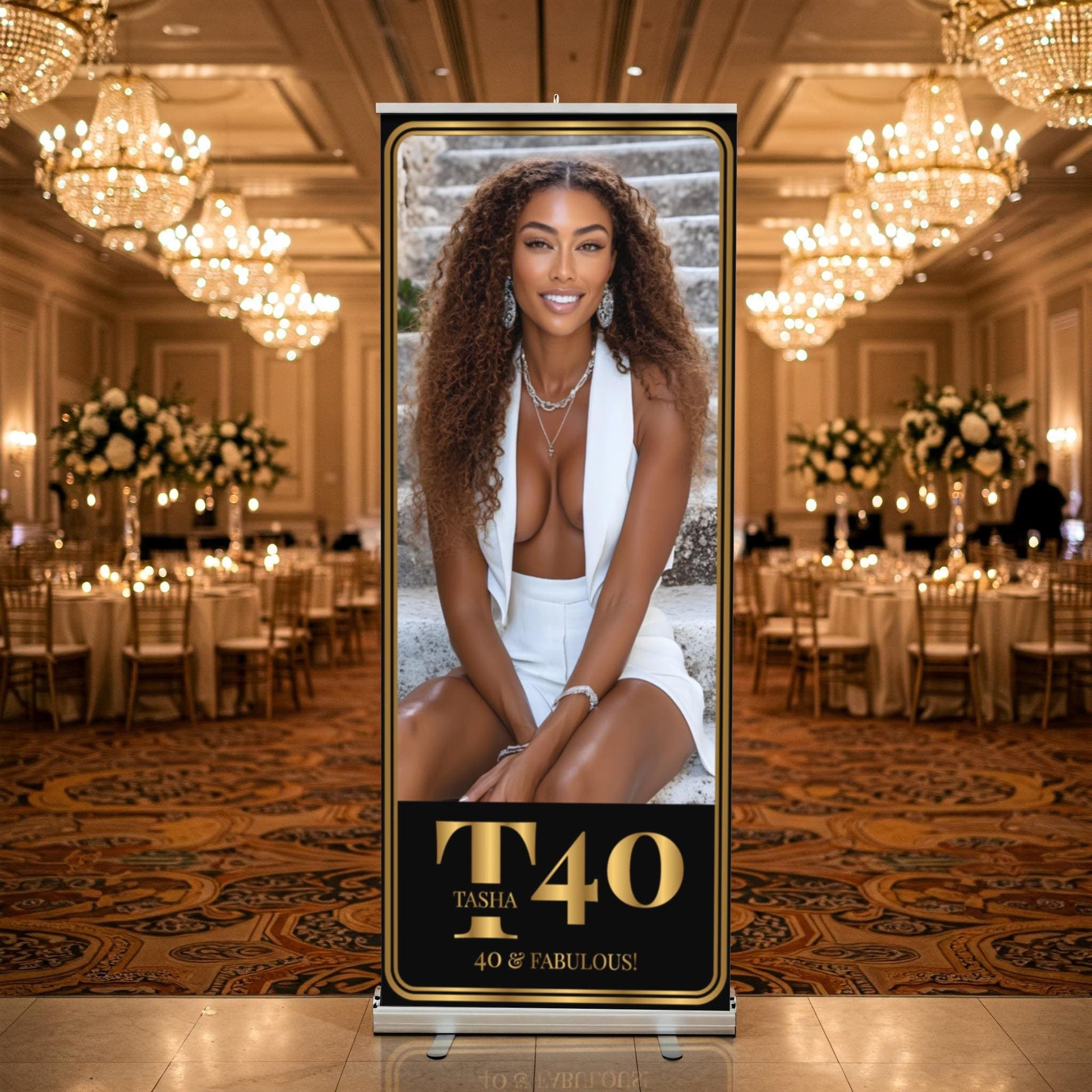 Luxury Birthday Retractable Banner, Custom Photo, Welcome Sign with Stand, Milestone Birthday Banner Print, Elegant Party Backdrop, 33"x80"