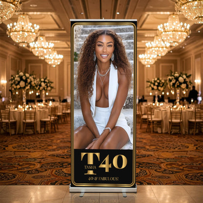 Luxury Birthday Retractable Banner, Custom Photo, Welcome Sign with Stand, Milestone Birthday Banner Print, Elegant Party Backdrop, 33"x80"