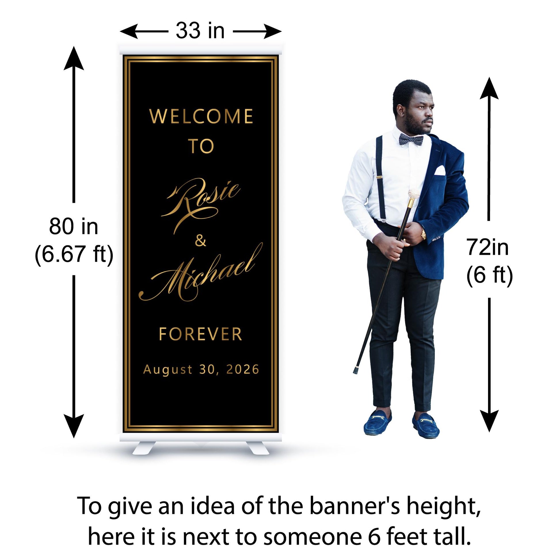 Custom Photo Retractable Banner, Luxury Wedding Welcome Sign, Elegant Party Backdrop Print (33x80)