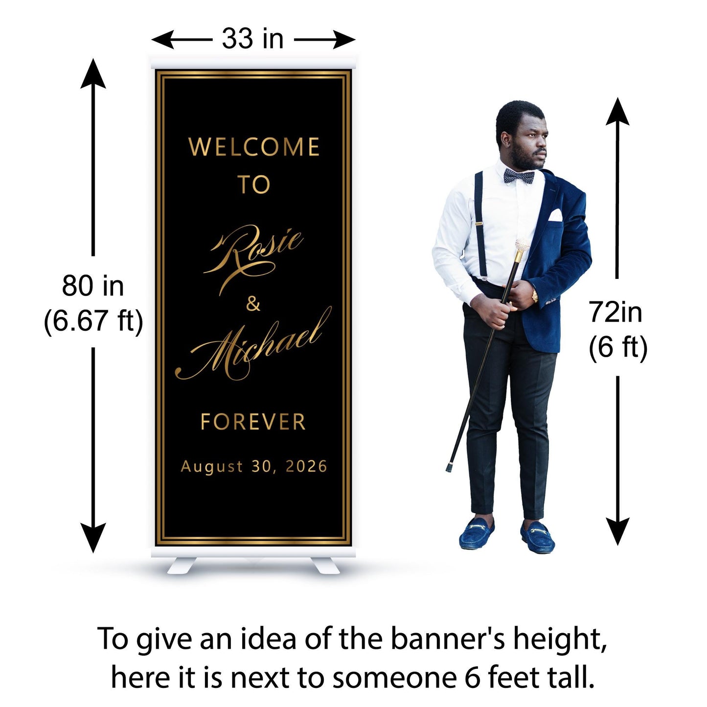 Custom Photo Retractable Banner, Luxury Wedding Welcome Sign, Elegant Party Backdrop Print (33x80)