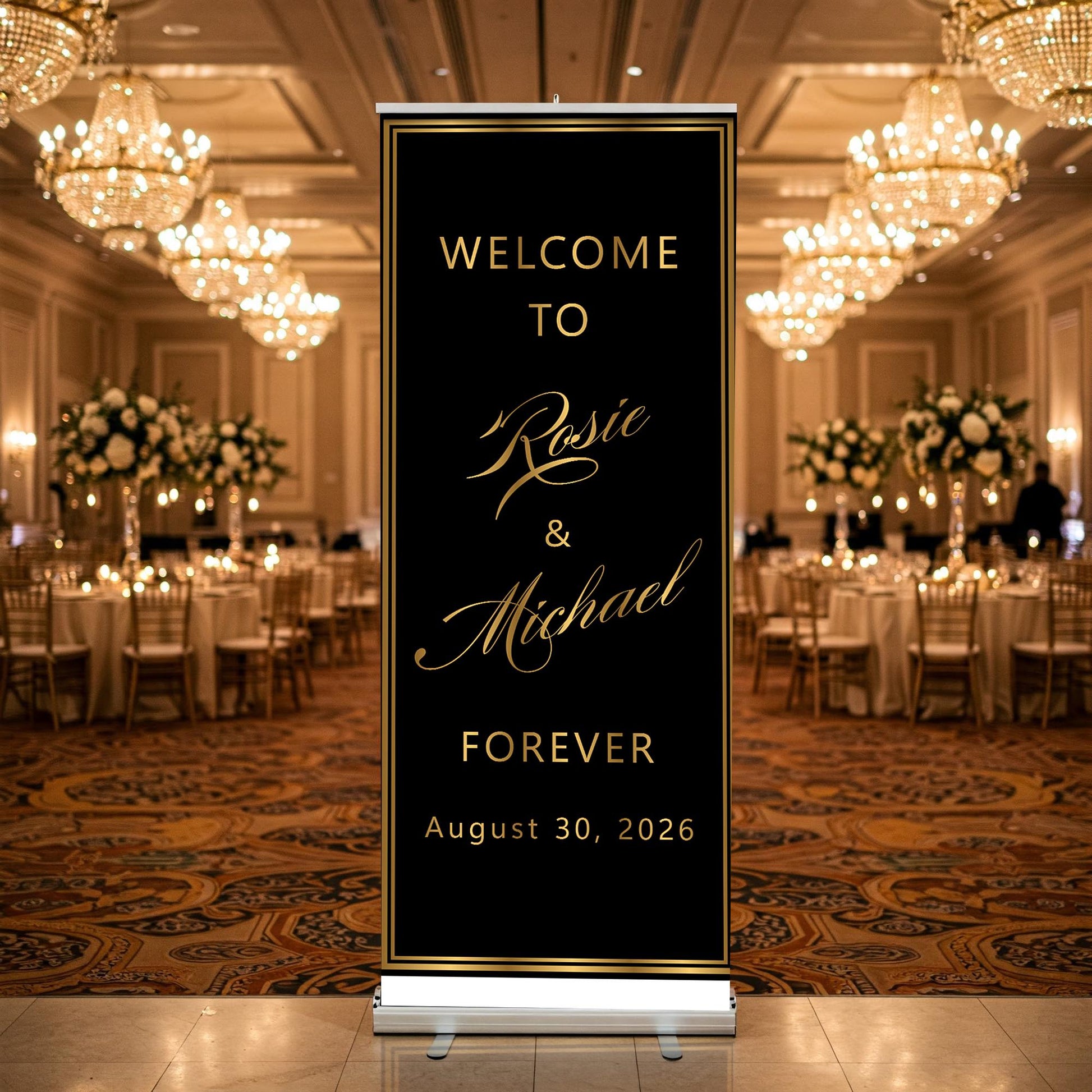 Custom Photo Retractable Banner, Luxury Wedding Welcome Sign, Elegant Party Backdrop Print (33x80)