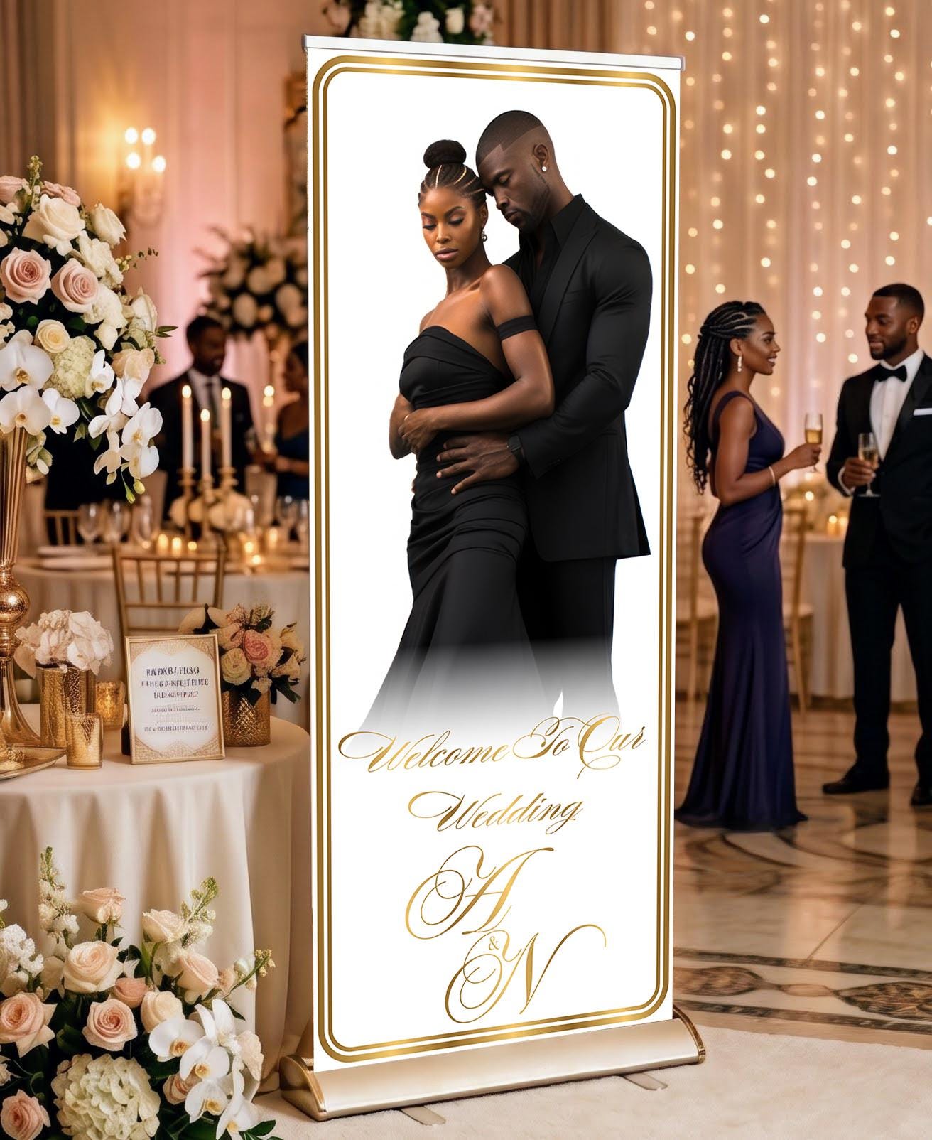 Custom Photo Retractable Banner, Luxury Wedding Welcome Sign, Elegant Party Backdrop Print (33x80)