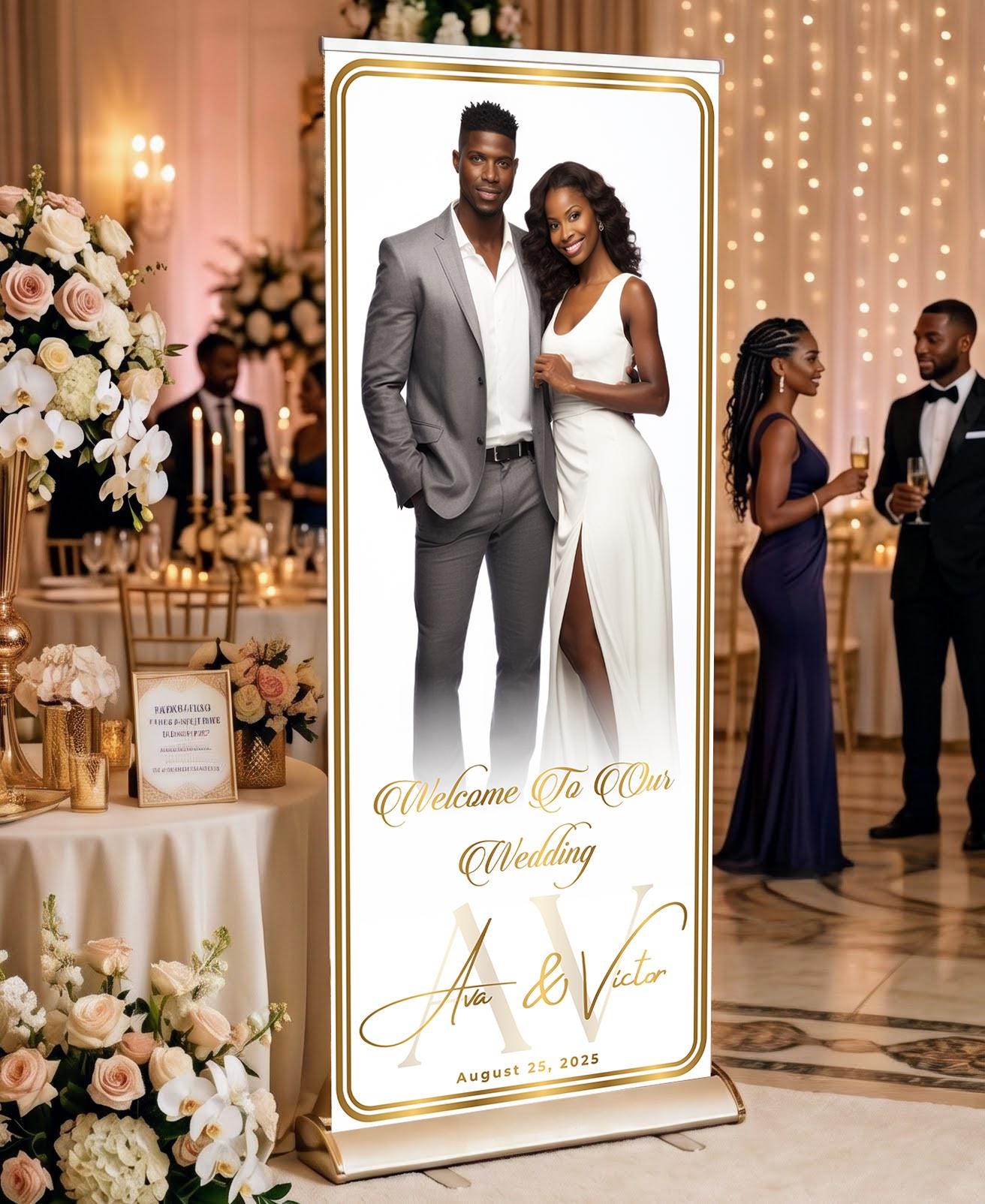 Custom Photo Retractable Banner, Luxury Wedding Welcome Sign, Elegant Party Backdrop Print (33x80)