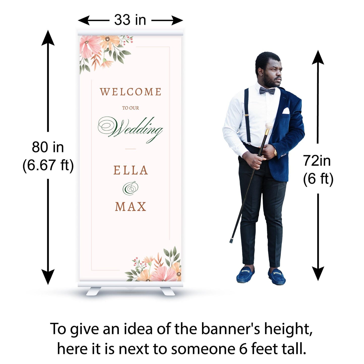 Custom Photo Retractable Banner, Luxury Wedding Welcome Sign, Elegant Party Backdrop Print (33x80)
