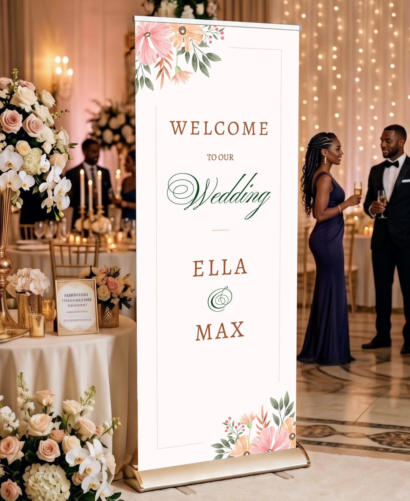Custom Photo Retractable Banner, Luxury Wedding Welcome Sign, Elegant Party Backdrop Print (33x80)
