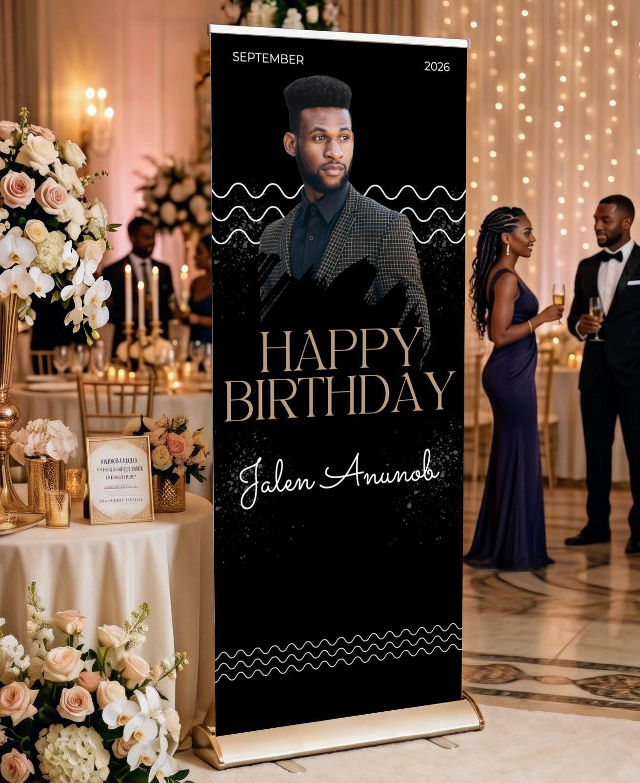 Luxury Birthday Retractable Banner, Custom Photo, Welcome Sign with Stand, Milestone Birthday Banner Print, Elegant Party Backdrop, 33"x80"