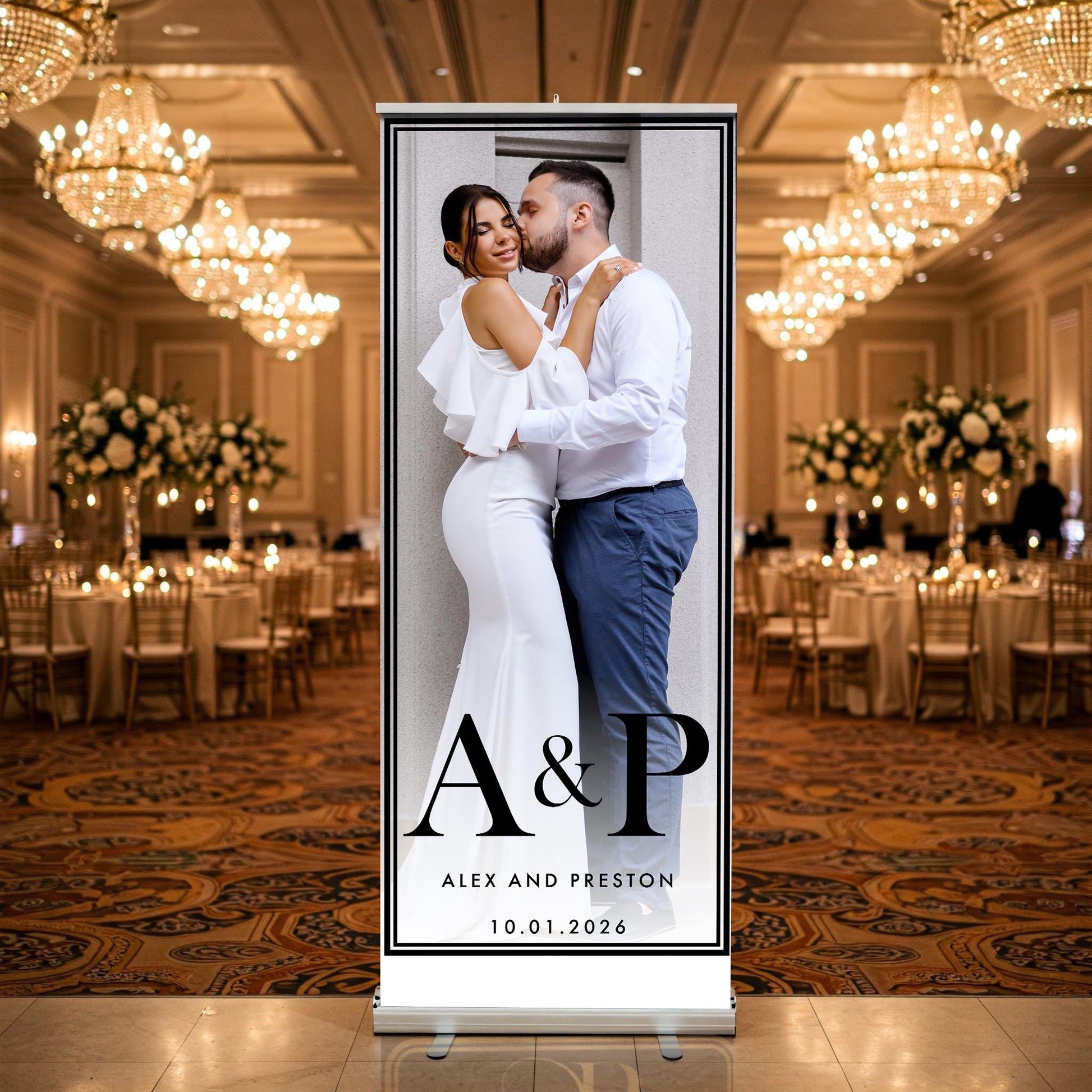 Custom Photo Retractable Banner, Luxury Wedding Welcome Sign, Elegant Party Backdrop Print (33x80)