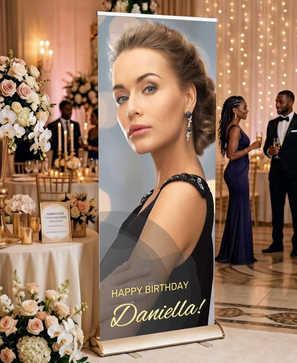 Custom Photo Birthday Retractable Banner, Elegant Party Welcome Sign (33"x80")