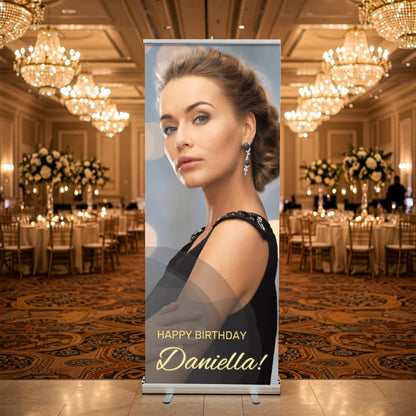 Custom Photo Birthday Retractable Banner, Elegant Party Welcome Sign (33"x80")