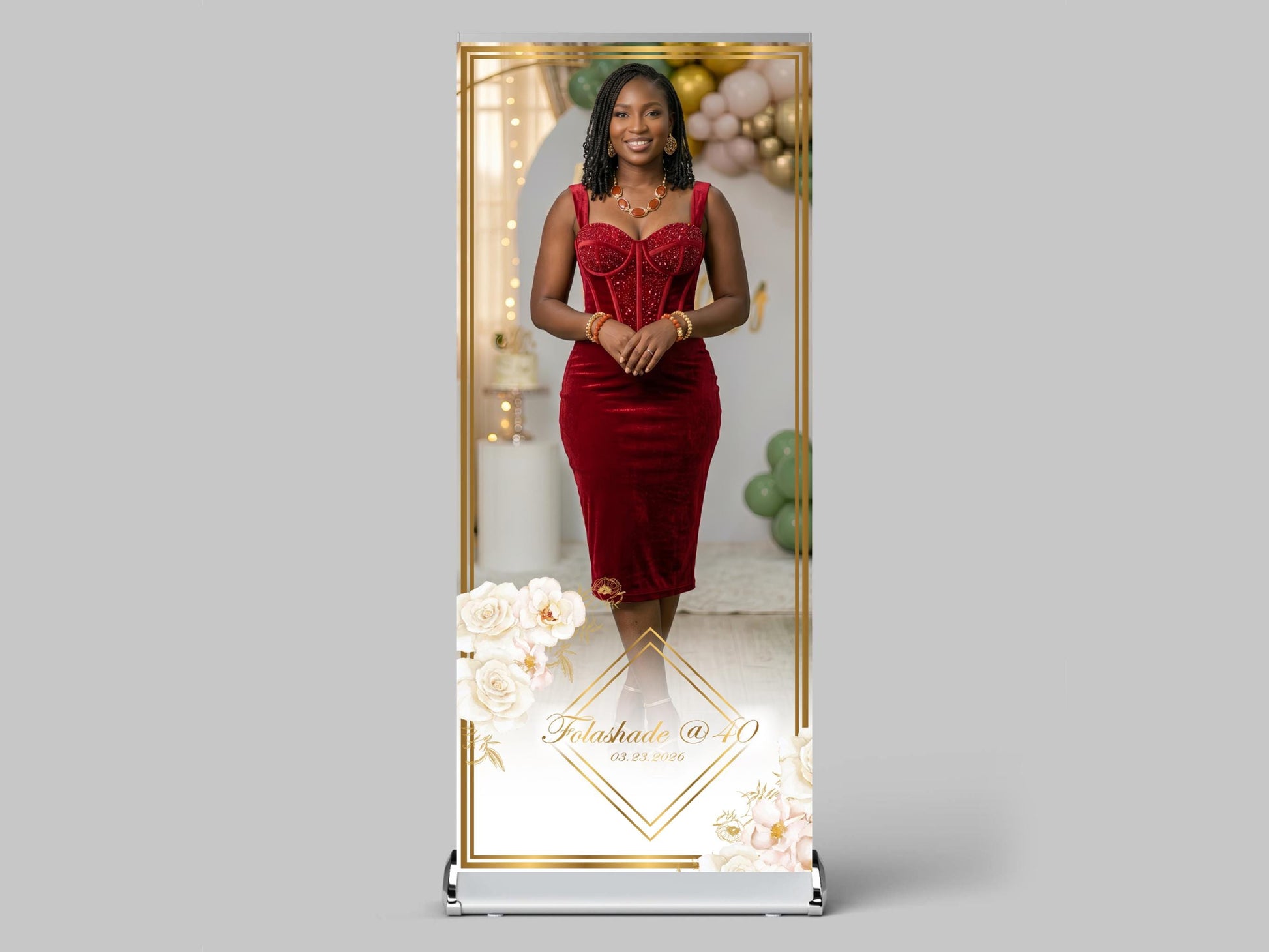 Custom Photo Birthday Retractable Banner, Elegant Party Welcome Sign (33"x80")