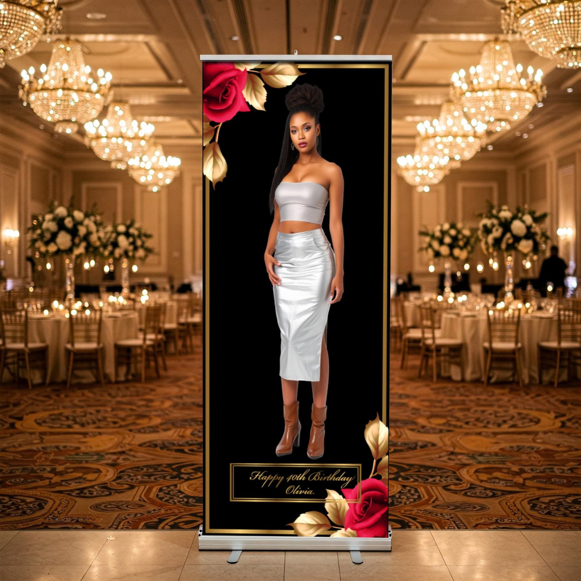 Custom Photo Birthday Retractable Banner, Elegant Party Welcome Sign (33"x80")