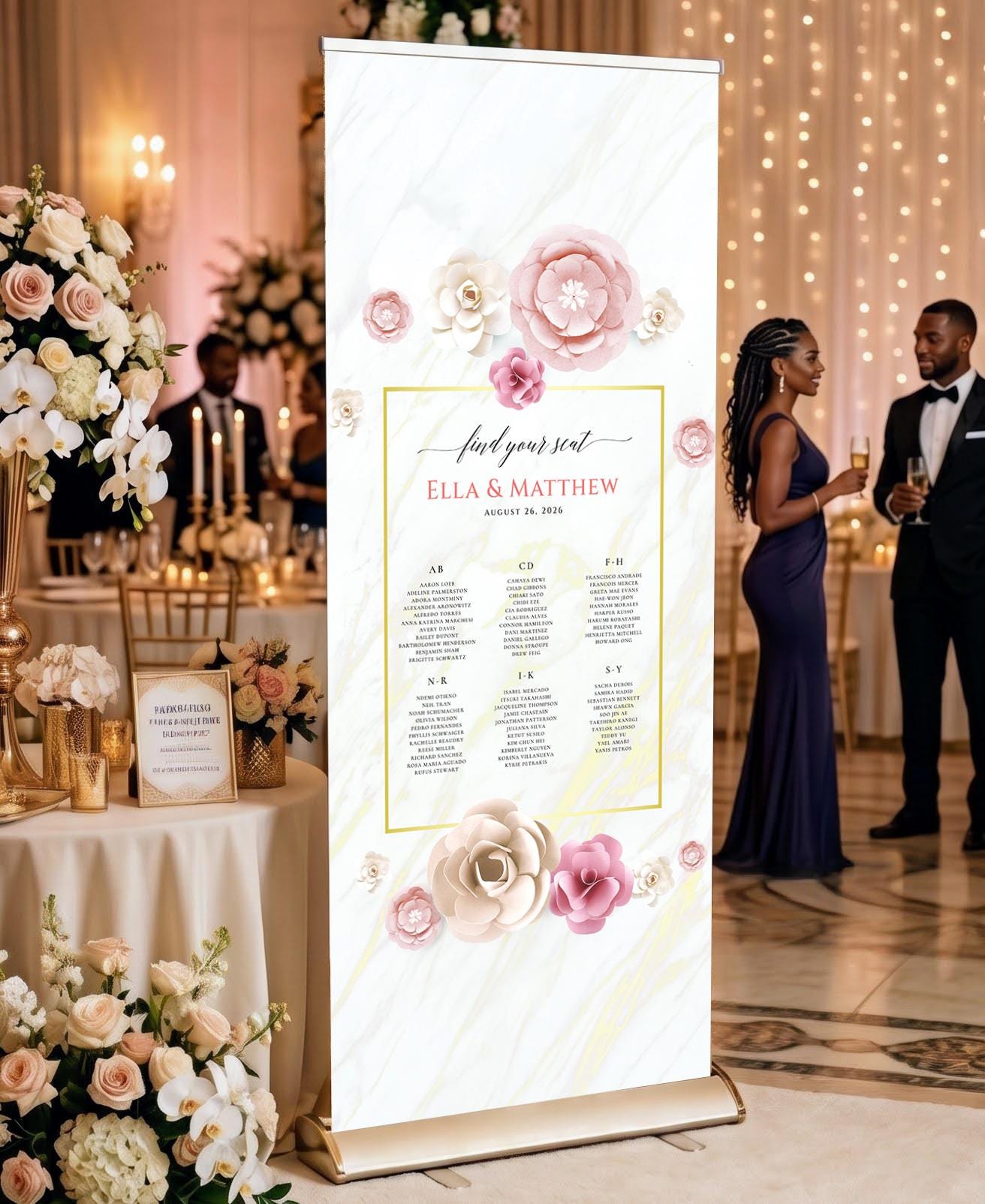Custom Photo Retractable Banner with Stand, Luxury Wedding Welcome Sign, Seating Chart, Elegant Party Backdrop Print (33x80)