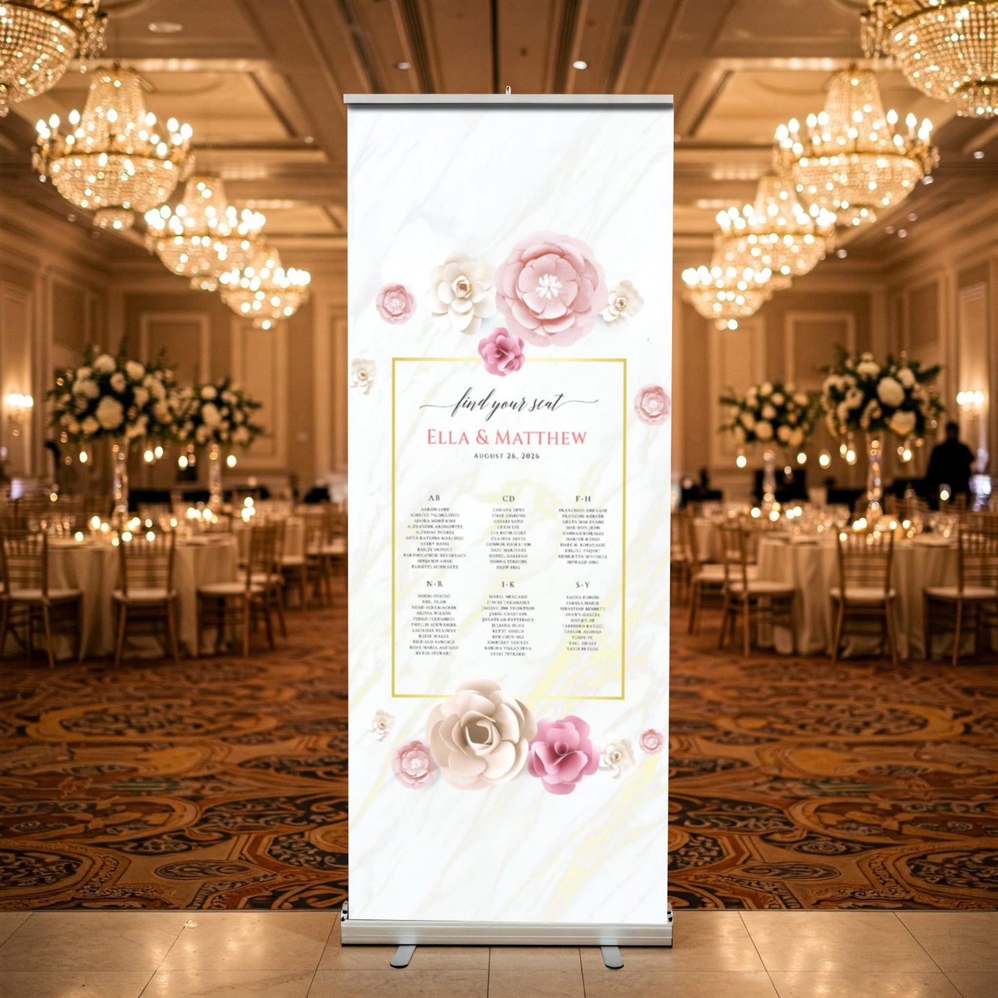 Custom Photo Retractable Banner with Stand, Luxury Wedding Welcome Sign, Seating Chart, Elegant Party Backdrop Print (33x80)