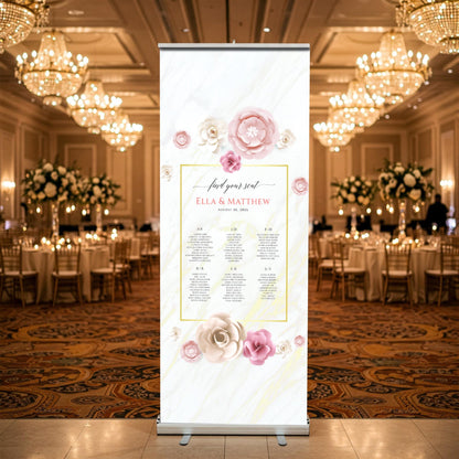 Custom Photo Retractable Banner with Stand, Luxury Wedding Welcome Sign, Seating Chart, Elegant Party Backdrop Print (33x80)