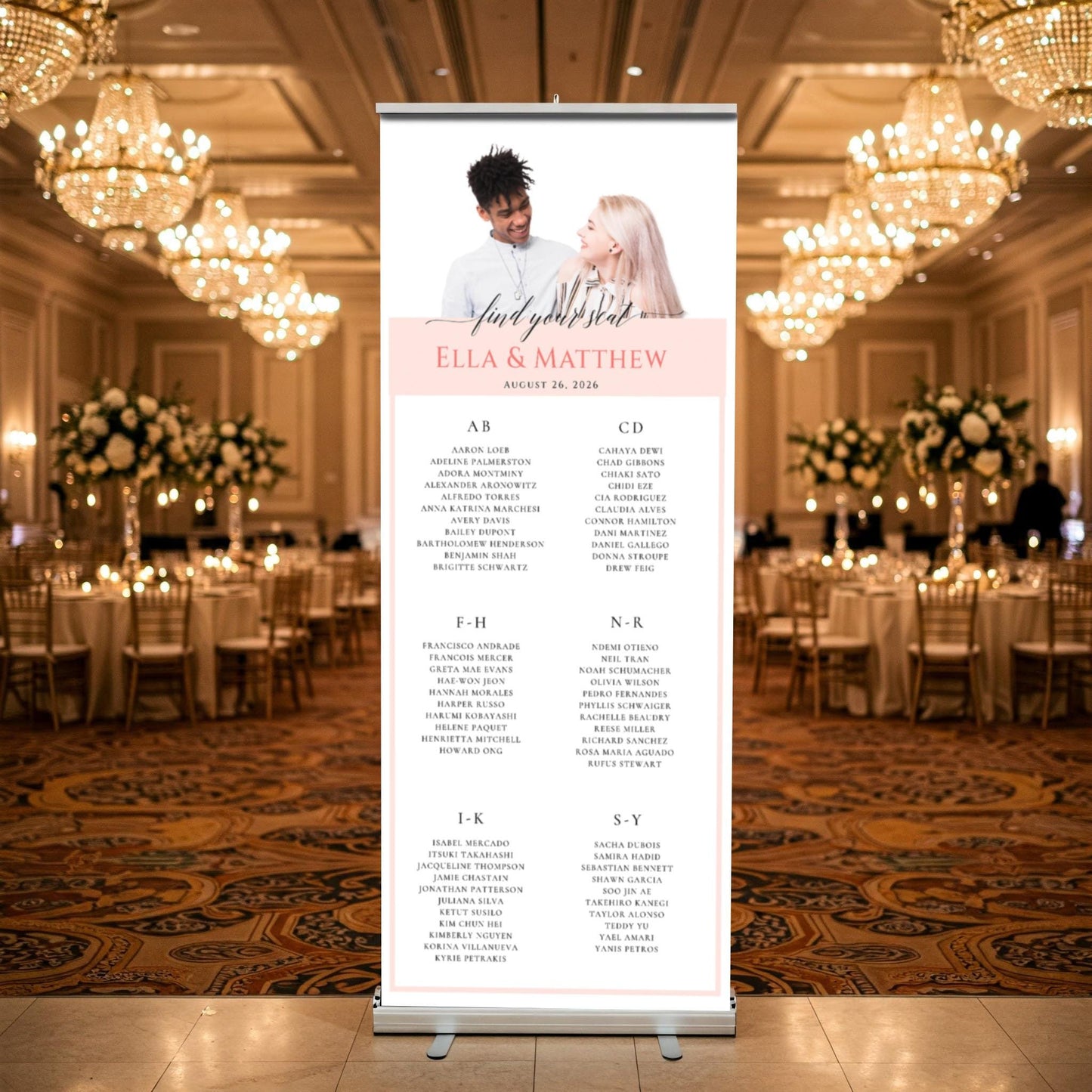 Custom Photo Retractable Banner with Stand, Luxury Wedding Welcome Sign, Seating Chart, Elegant Party Backdrop Print (33x80)