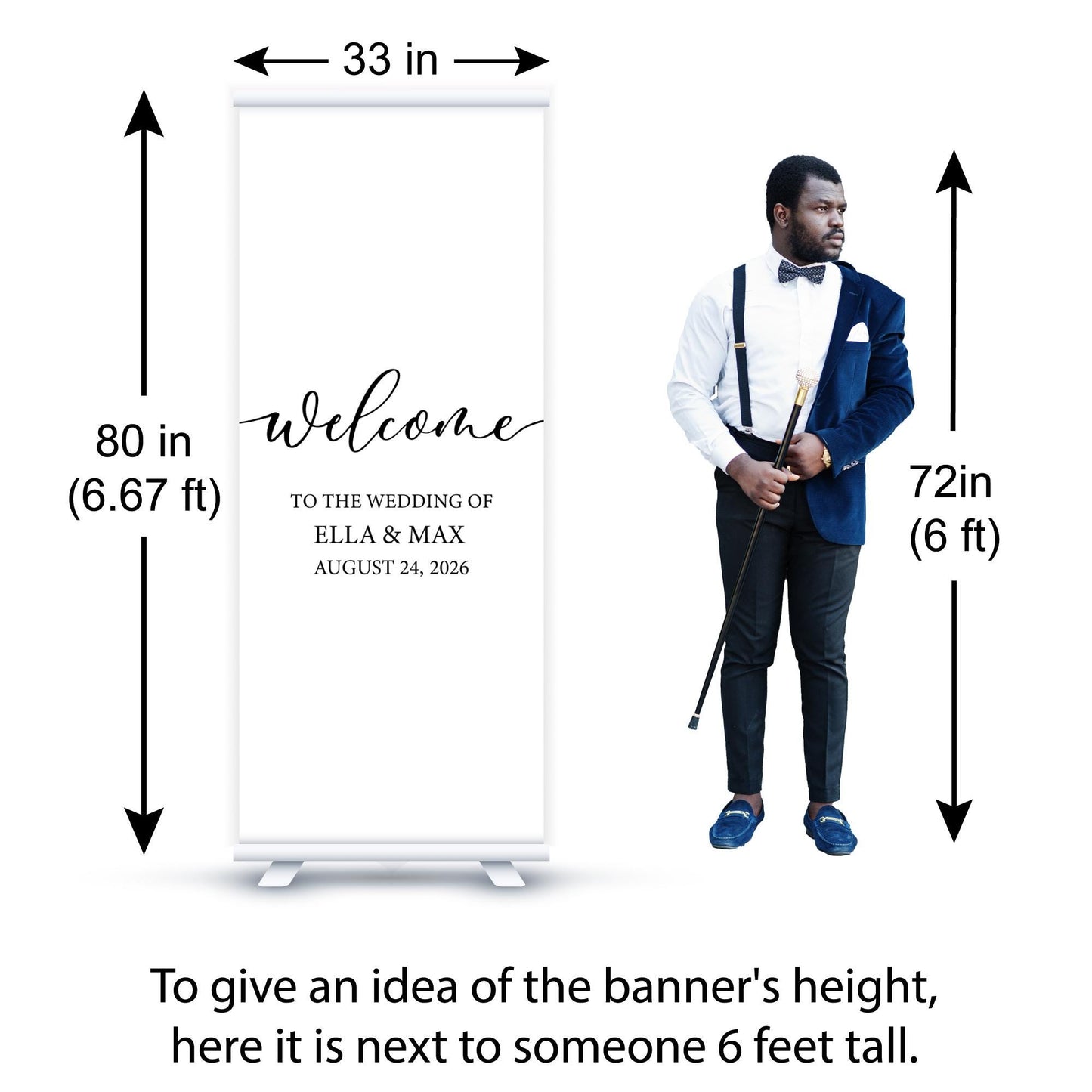 Custom Photo Retractable Banner with Stand, Luxury Wedding Welcome Sign, Seating Chart, Elegant Party Backdrop Print (33x80)