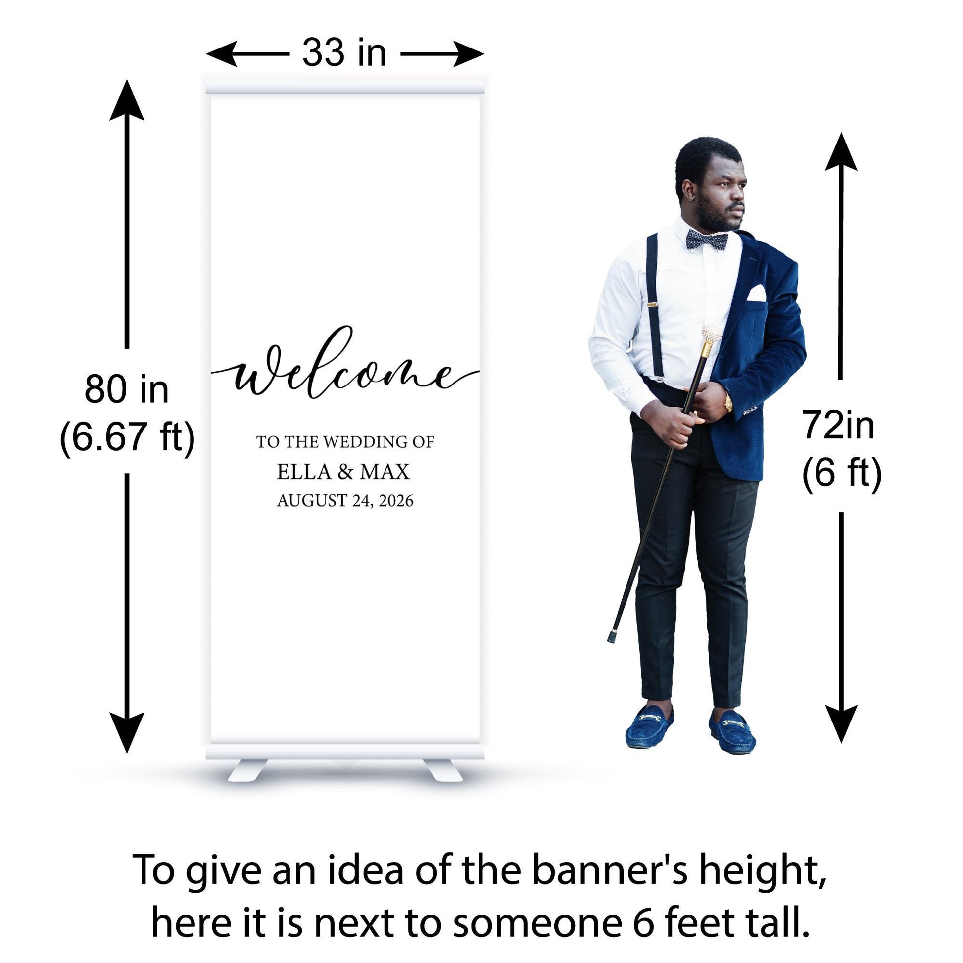 Custom Photo Retractable Banner with Stand, Luxury Wedding Welcome Sign, Seating Chart, Elegant Party Backdrop Print (33x80)
