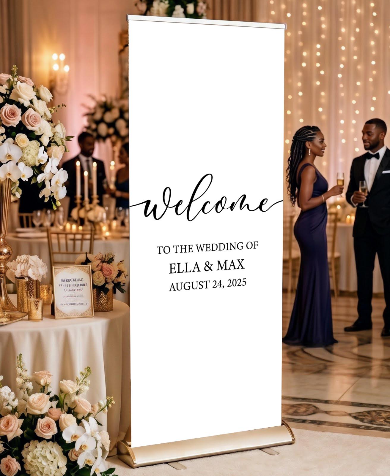 Custom Photo Retractable Banner with Stand, Luxury Wedding Welcome Sign, Seating Chart, Elegant Party Backdrop Print (33x80)