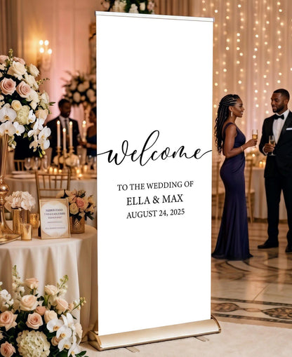 Custom Photo Retractable Banner with Stand, Luxury Wedding Welcome Sign, Seating Chart, Elegant Party Backdrop Print (33x80)