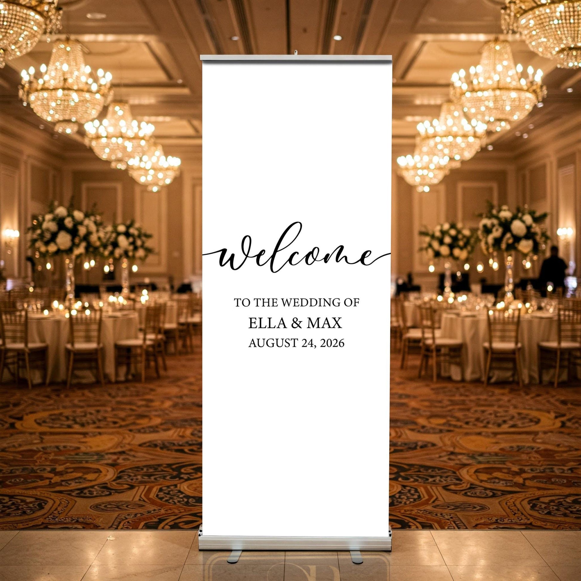 Custom Photo Retractable Banner with Stand, Luxury Wedding Welcome Sign, Seating Chart, Elegant Party Backdrop Print (33x80)