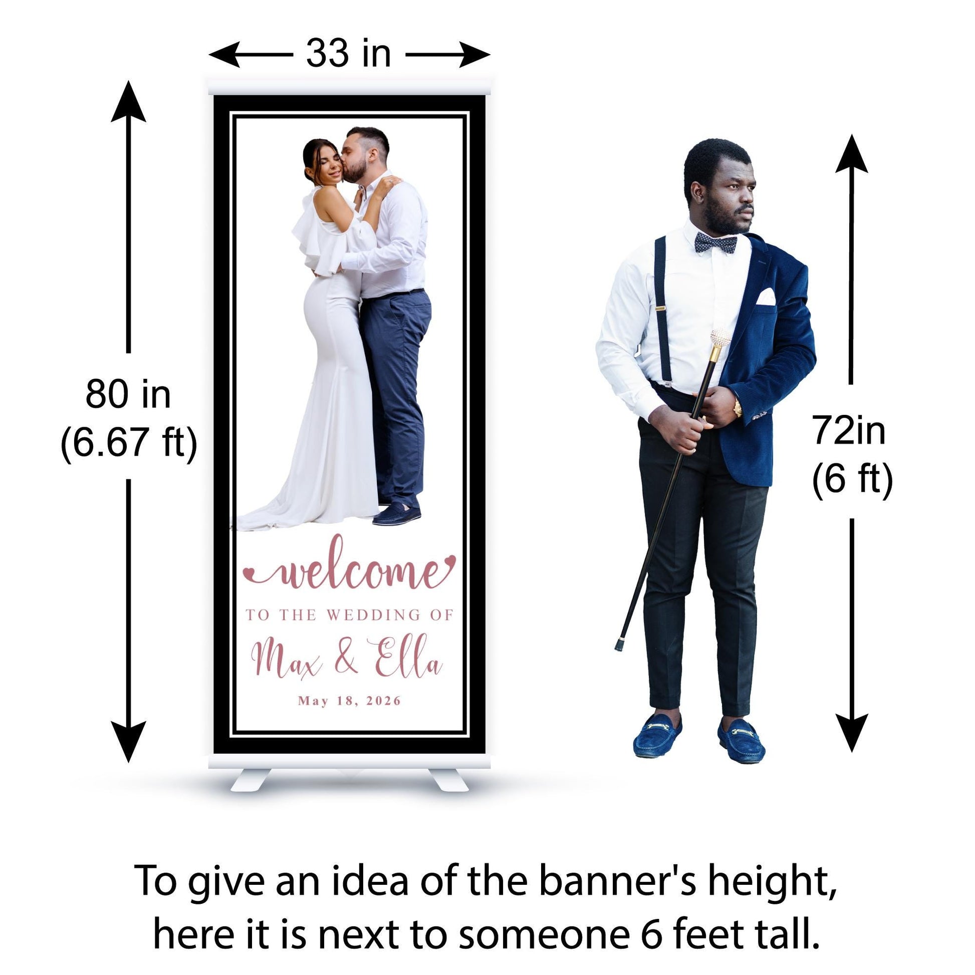 Custom Photo Retractable Banner with Stand, Luxury Wedding Welcome Sign, Seating Chart, Elegant Party Backdrop Print (33x80)